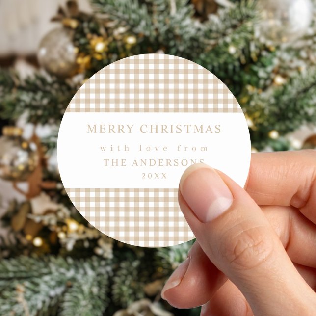 Beige Gingham Weihnachten Runder Aufkleber (Von Creator hochgeladen)