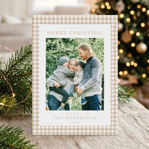 Beige Gingham Weihnachtsfoto Feiertagskarte