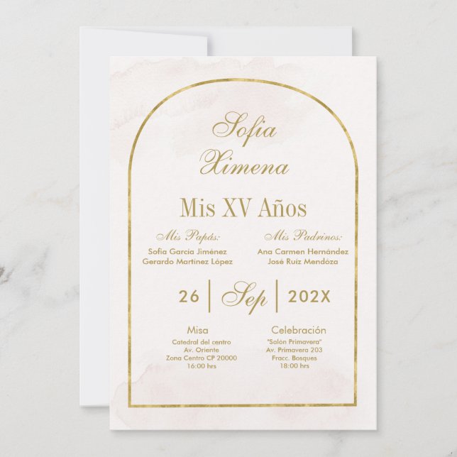 Beige Gold Arch Quinceañera Einladung (Vorderseite)