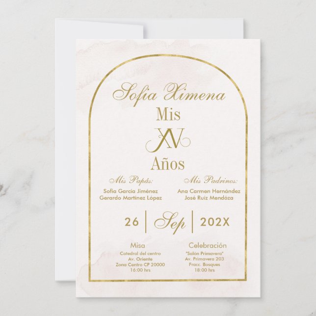 Beige Gold Arch Quinceañera Einladung (Vorderseite)