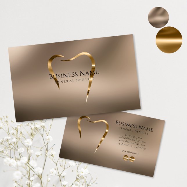 Beige & Gold Dentist Business Card Visitenkarte (Von Creator hochgeladen)