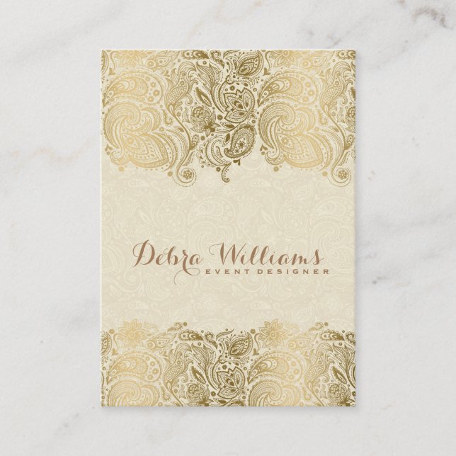 Beige & Gold Floral Paisley Lace Visitenkarte (Vorderseite)