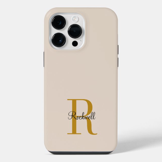 Beige Gold Monogramm Namensinitiale iPhone 14 Pro Max Hülle (Rückseite)