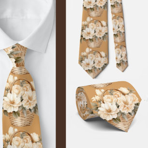 Beige Gold Tan Ivory White Watercolor Floral Krawatte