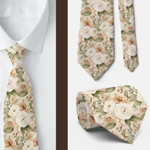 Beige Gold Tan Ivory White Watercolor Floral Krawatte