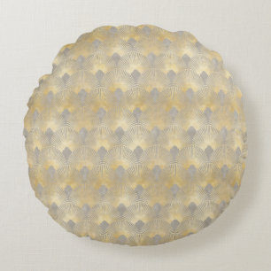 Beige goldene Farbe, Fanmuster, Art-Deco, Vintages Rundes Kissen