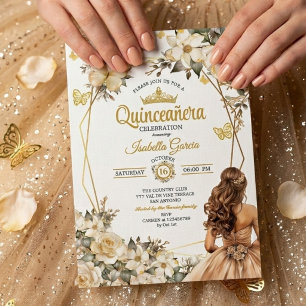 Beige Goldene Tiara Blumen Schmetterling Quinceañe Einladung