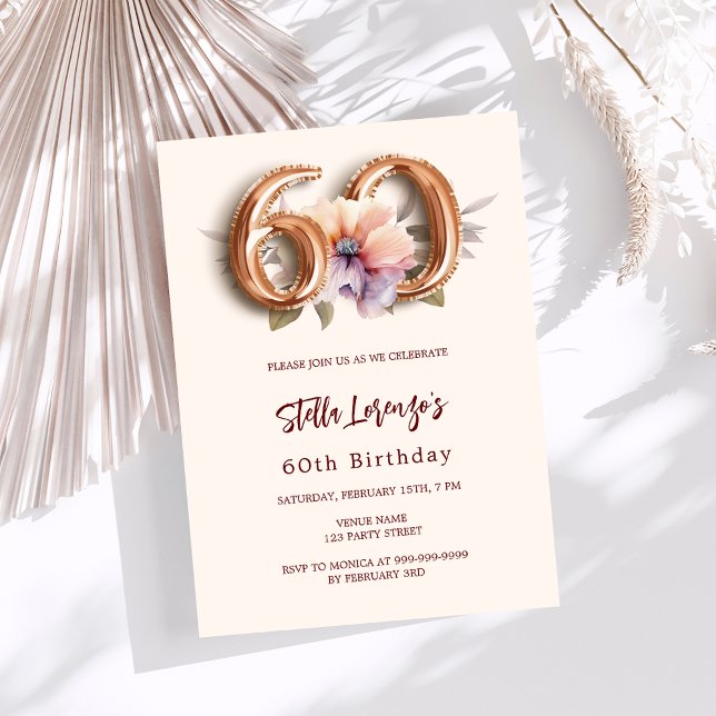 Beige Goldpfirsichblütenluxus 60. Geburtstag Einladung (Von Creator hochgeladen)