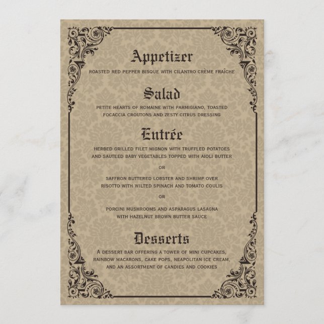 Beige Gothic Viktorianisch Damask Wedding Menu Menükarte (Vorderseite)