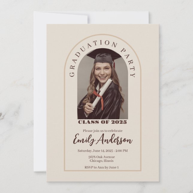 Beige graduation card with photo einladung (Vorderseite)