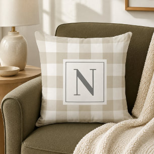 Beige Grau Gingham Karo Monogramm Anfangsbuchstabe Kissen