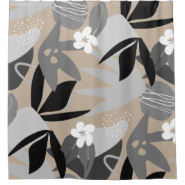 Beige Grau Schwarz & Weiß Modernes botanisches Mus Duschvorhang
