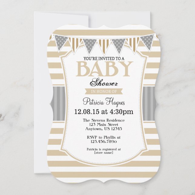 Beige Grau TANs Stripes Babyparty-Einladung Einladung (Vorderseite)