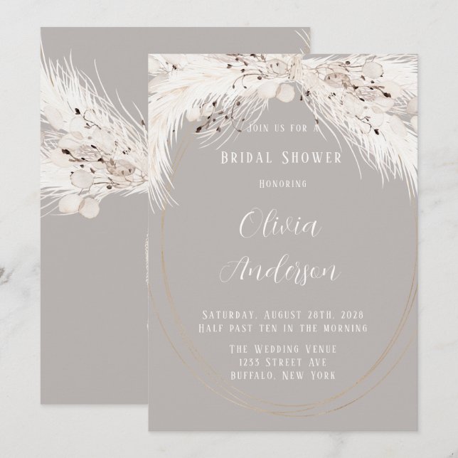 Beige Gray White Floral Feathers Brautparty Einladung (Vorne/Hinten)
