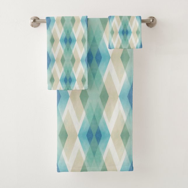 Beige Green Blue White Aquamarin Rhombusse Muster Badhandtuch Set (Insitu)
