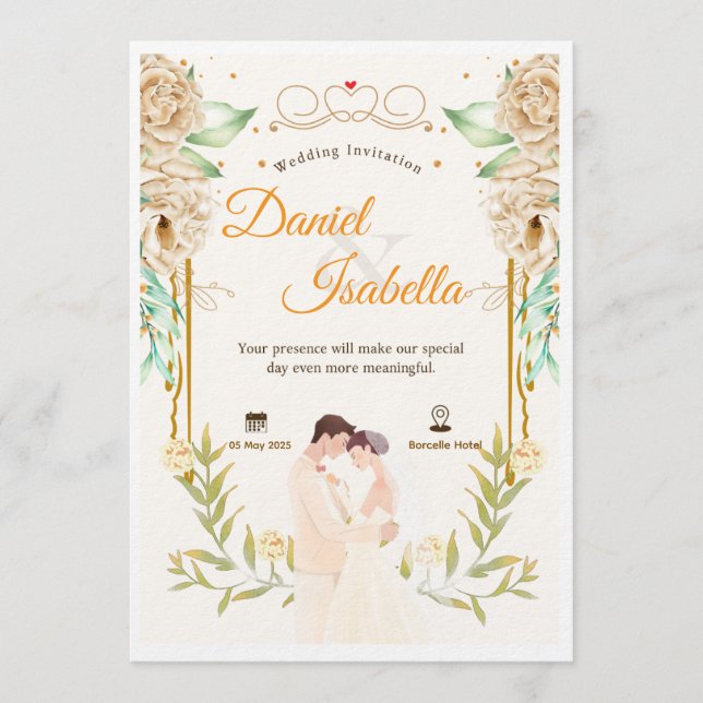 Beige Green Floral Watercolor Wedding Invitation (Devant)