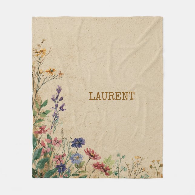 Beige Grenze Rustikale Boho Wildblume Aquarell Fleecedecke (Vorderseite)