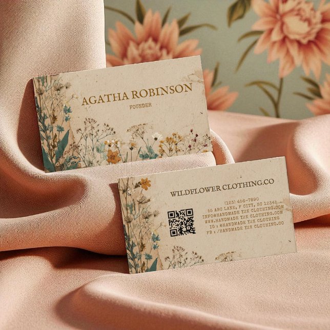 Beige Grenze Rustikale Boho Wildblume Kleidung Visitenkarte (Beige Border Rustic Boho Wildflower Clothing Business Card)