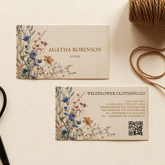 Beige Grenze Rustikale Boho Wildblume Kleidung Visitenkarte (Beige Border Rustic Boho Wildflower Clothing Business Card)