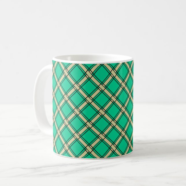 Beige grüne, karierte Muster Kaffeetasse (Vorderseite Links)