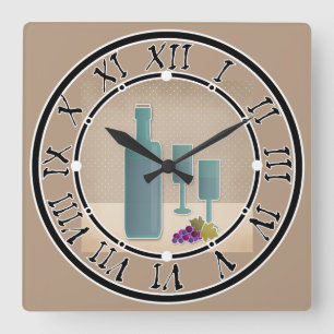 Beige Grunge Retro Vintage Weingläser Traube Polka Quadratische Wanduhr