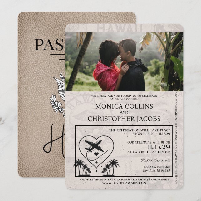 Beige Hawaii Passport Hochzeitseinladung Einladung (Vorne/Hinten)