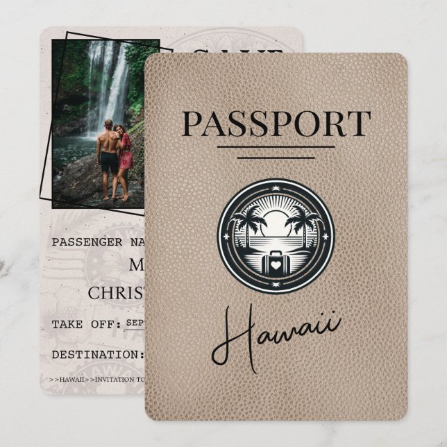 Beige Hawaii Passport Save the Date (Vorne/Hinten)