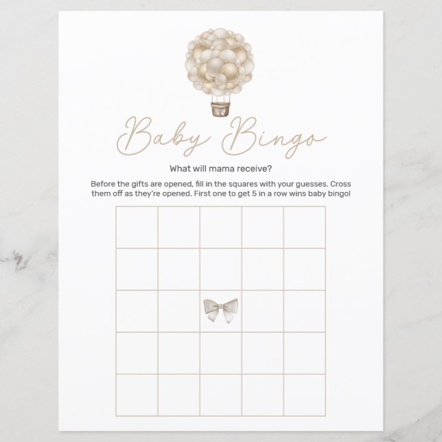 Beige Heißluftballon Babydusche Bingo Spiel (Vorderseite)