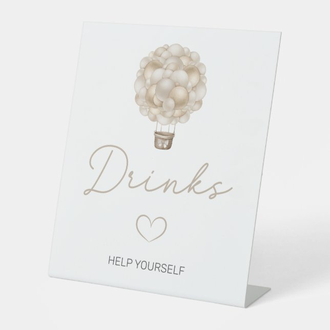 Beige Heißluftballon Babydusche Getränke Sockelschild (Vorderseite)