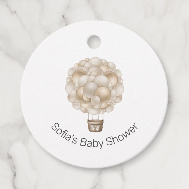 Beige Heißluftballon Boho Babydusche Geschenkanhänger (Vorderseite)
