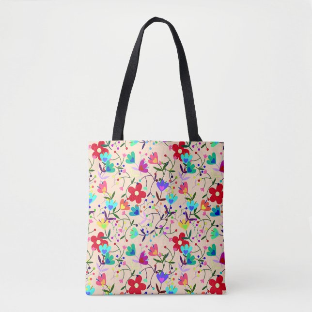 Beige Hintergrund farbenfrohe Blumenmuster Tasche (Vorderseite)