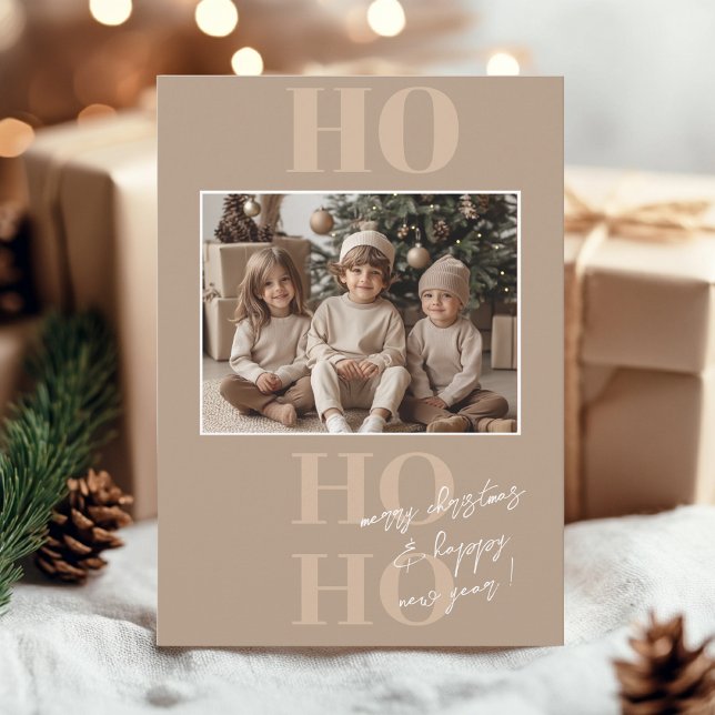 Beige Ho Ho Ho und Foto Weihnachten Einladung (Von Creator hochgeladen)