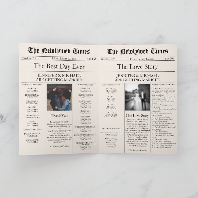 Beige Hochzeitszeitung Zeitplan Programm Geschicht (Innenseite)