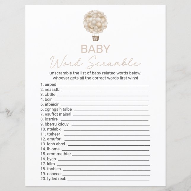 Beige Hot Air Ballon Baby Dusche Word Scramble (Vorderseite)