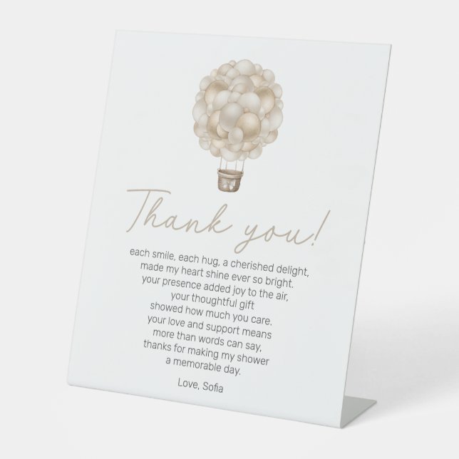 Beige Hot Air Balloon Baby Dusche Danke, Gedicht Sockelschild (Vorderseite)