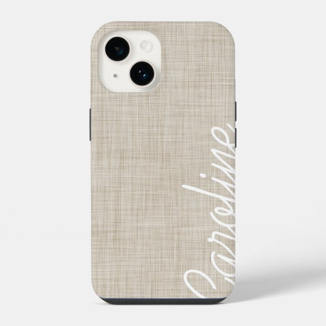 Beige Imitate Linen Textur Custom Monogram iPhone Hülle (Rückseite)