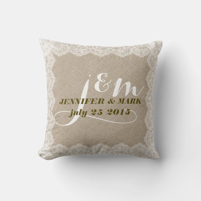 Beige Imitate Linen & White Lace Hochzeitskissen Kissen (Vorderseite)