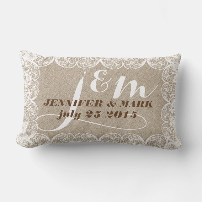 Beige Imitate Linen & White Lace Wedlow Pillow 2 Lendenkissen (Vorderseite)