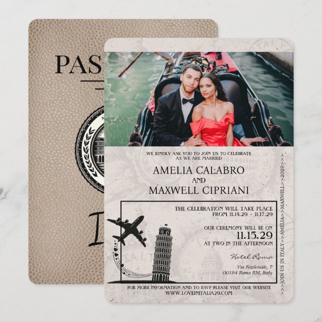 Beige Italy Passport Wedding Einladung (Vorne/Hinten)