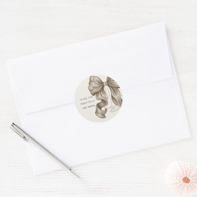 Beige Ivory Bow Baby Shower Thank You Runder Aufkleber (Umschlag)