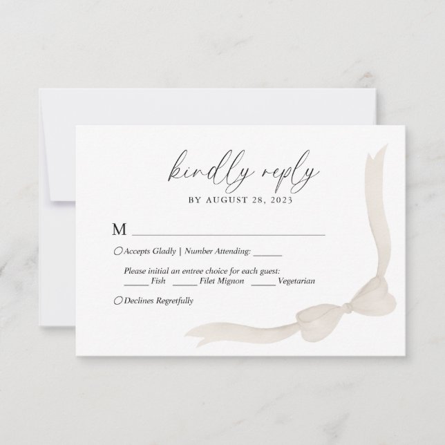 Beige Ivory Bow Ribbon Menu Choice Wedding RSVP (Vorderseite)