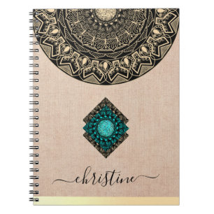 Beige Jute Mandala Schwarze Schrift Name Notizblock