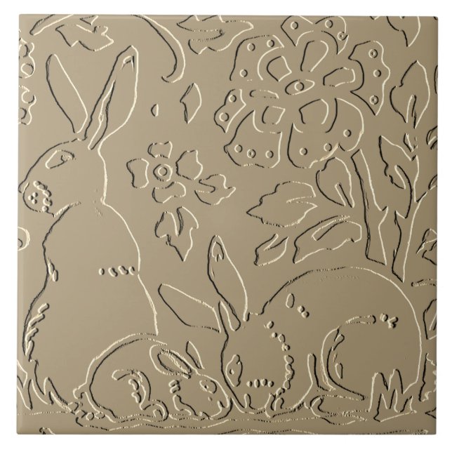 Beige Kaninchen mit Bossed Woodland Foliage Elegan Fliese (Vorderseite)
