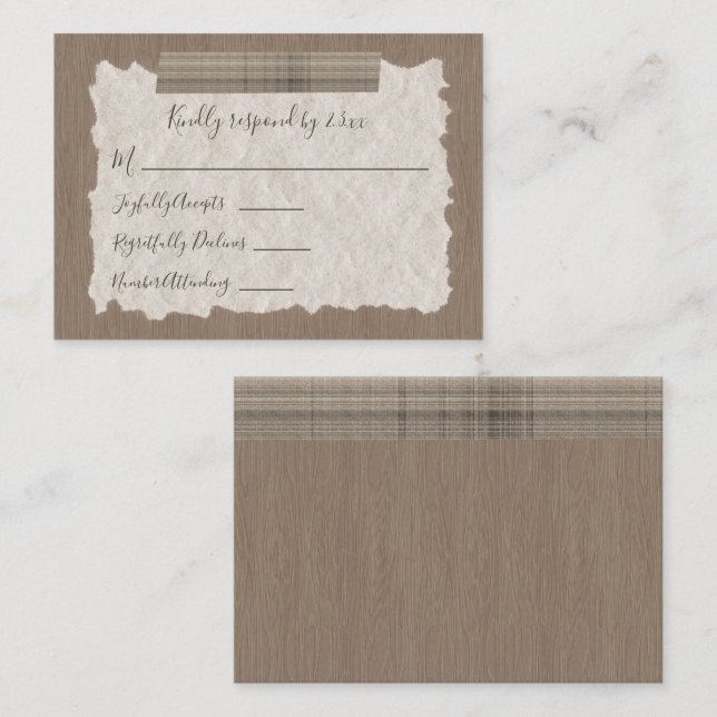 Beige Karierte Holzkarte Bar Mitzvah RSVP Card Hinweiskarte (Vorne/Hinten)