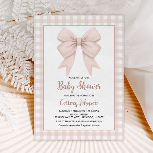 Beige Karierte und beige Bow Babydusche Einladung