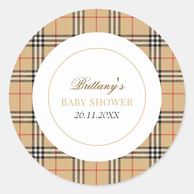 Beige Karo Designer Kariert Babydusche Runder Aufkleber (Vorderseite)