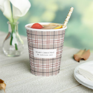 Beige Karo Streifen Plaid Weihnachten Pappbecher