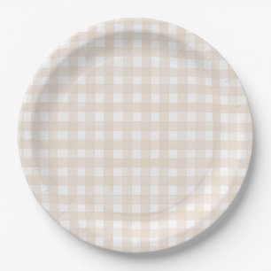 Beige Klassisches Gingham Pappteller
