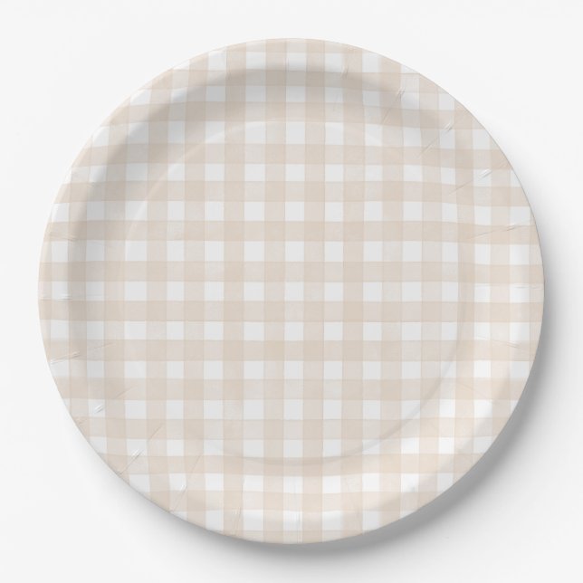 Beige Klassisches Gingham Pappteller (Vorderseite)