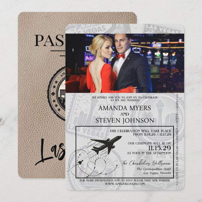 Beige Las Vegas Passport Wedding Einladung (Vorne/Hinten)